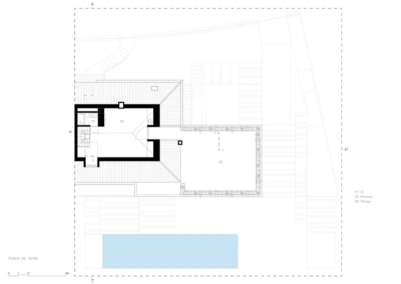 Upper floor plan drawing indicating rooftop terrace bedroom and stair volumes above pool below