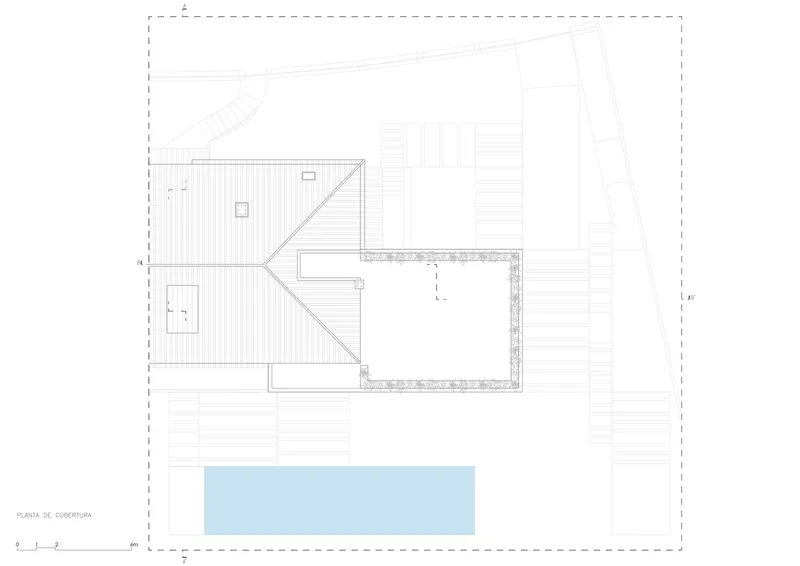 Roof plan drawing showing an angular volume with decking and an adjacent reflecting pool
