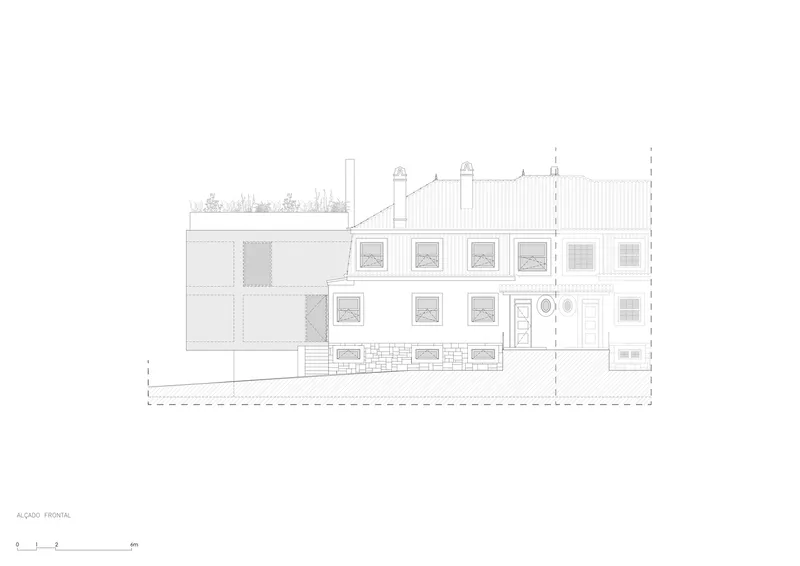 Front elevation drawing depicting a three-story facade with chimneys and rooftop vegetation