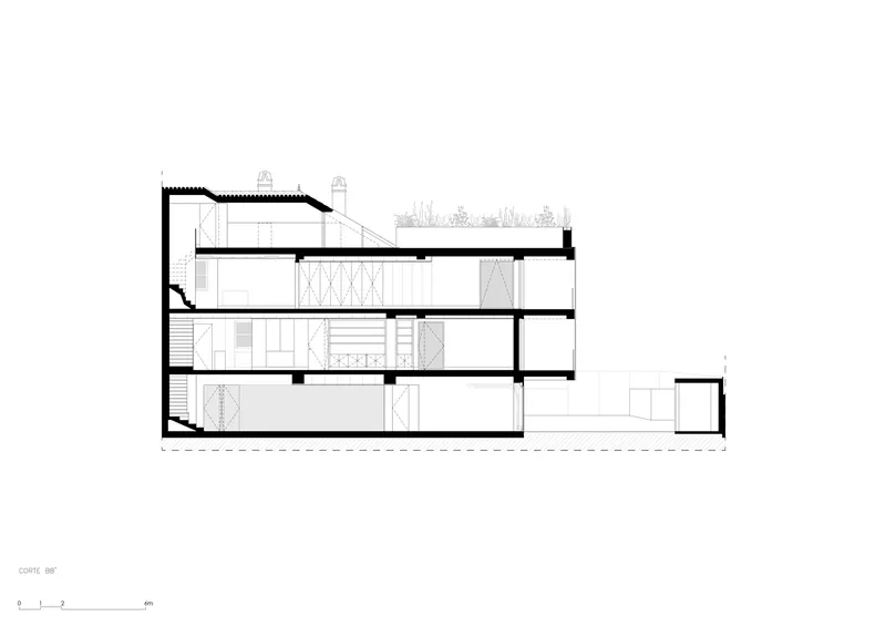 Section drawing showing a four-story volume with rooftop planting and stepped interior levels