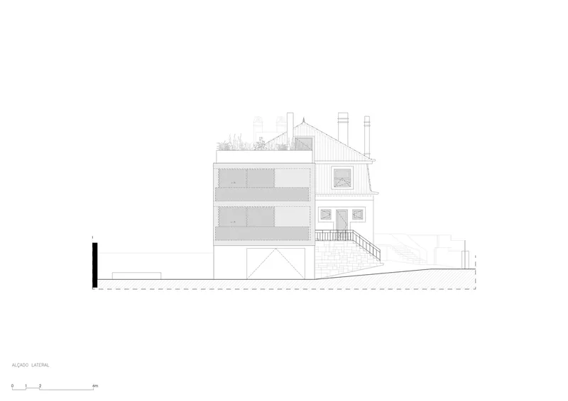 Lateral section drawing showing a multi-story residence with pitched roof, exterior stairs, and rooftop planting