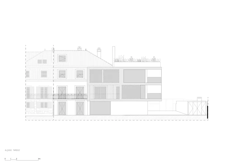 Rear elevation drawing illustrating the junction between an older building and a new addition