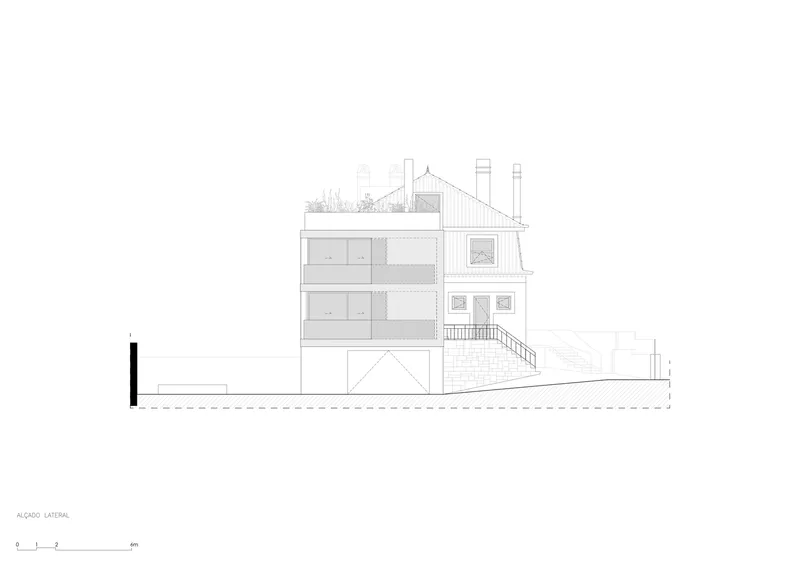 Lateral section drawing revealing interior spatial divisions across three levels with ground floor garage opening