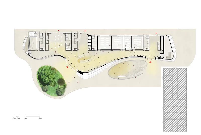 Floor plan showing curved outdoor garden, performance spaces, and residential units along the perimeter