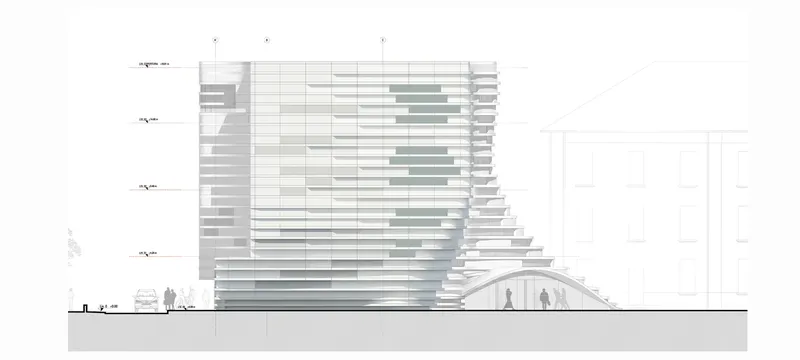 Elevation drawing showing a stepped high-rise tower with horizontal layered façade and adjacent low-rise structures