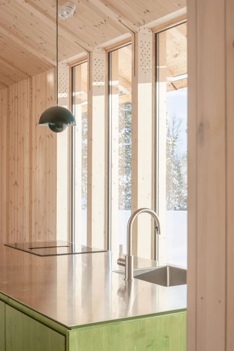 Kitchen counter with green cabinetry and polished metal sink facing a snowy winter scene