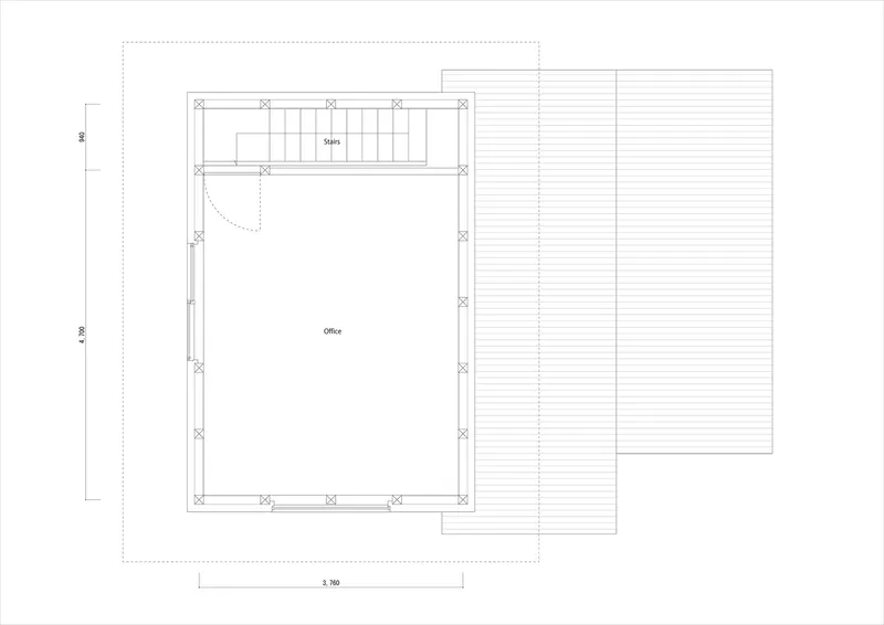 Floor plan drawing showing upper level office with stairs and adjacent timber deck