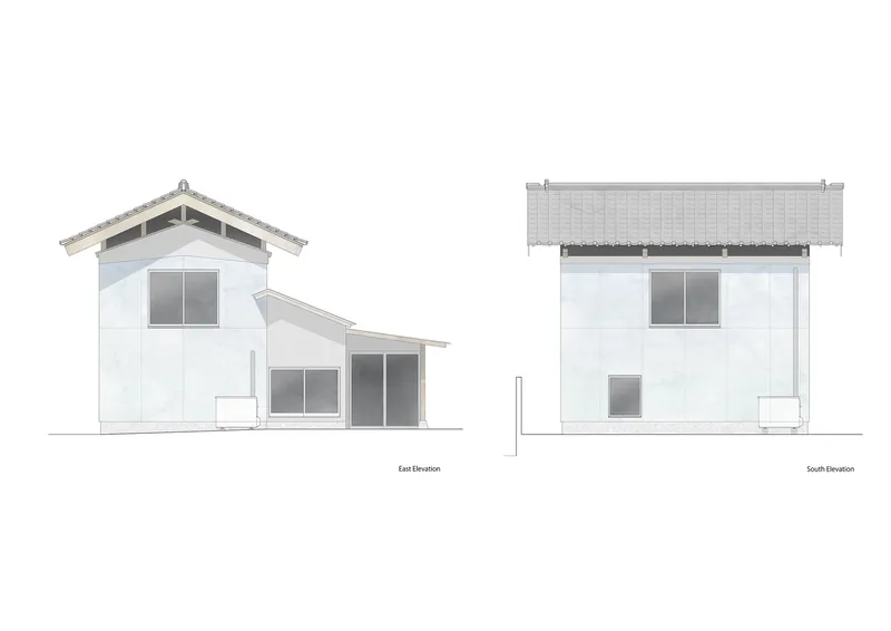 Elevation drawings showing east and south facades with gabled roof and white cladding