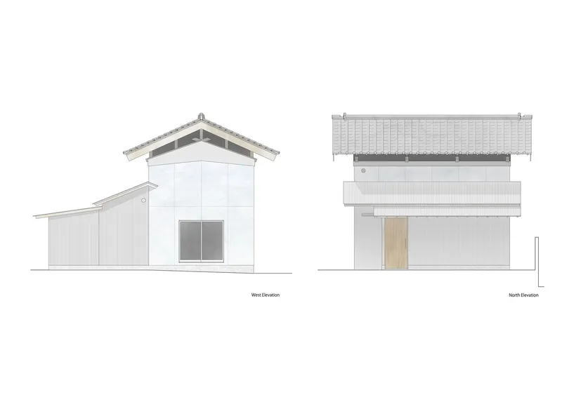 Elevation drawings showing west and north facades with metal siding and timber entry door