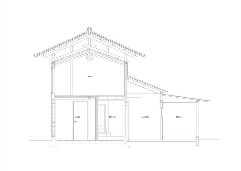 Section drawing showing two-story volume with exposed timber roof trusses and single-story wing