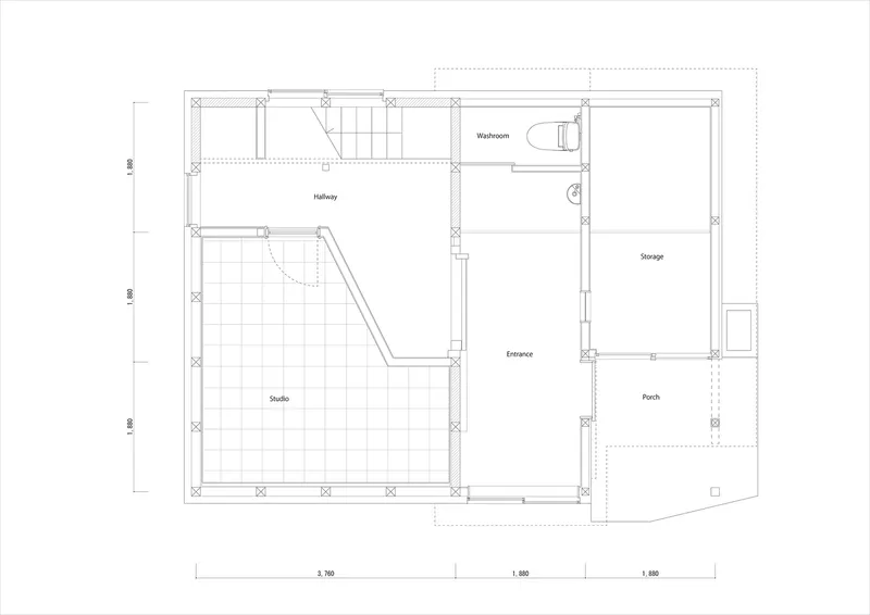 Floor plan drawing showing studio, entrance, hallway, washroom, storage and porch with angled stair