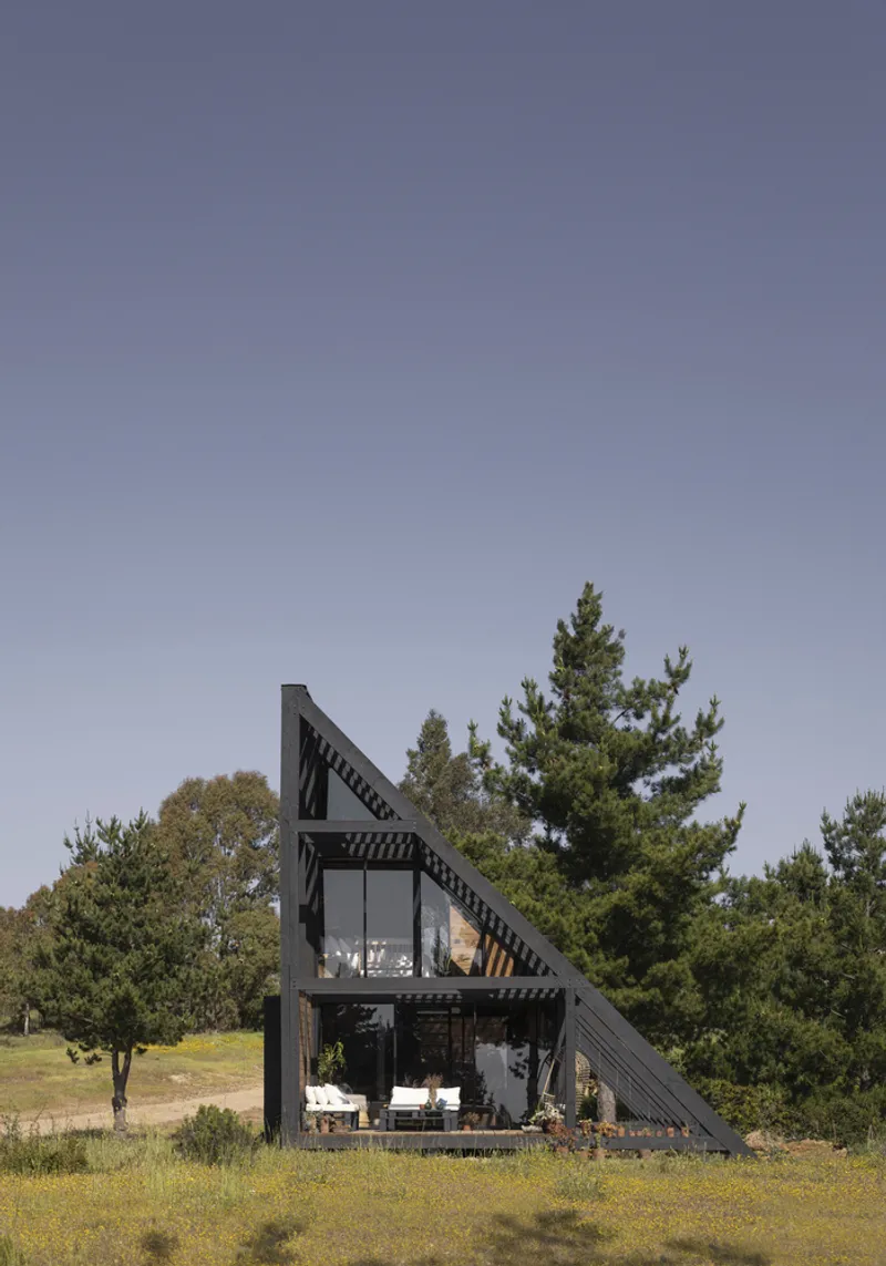 Black timber A-frame cabin with exposed structural framing set in a dry grass meadow