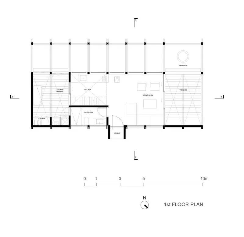 First floor plan showing central living room flanked by terraces with diagonal cross-bracing