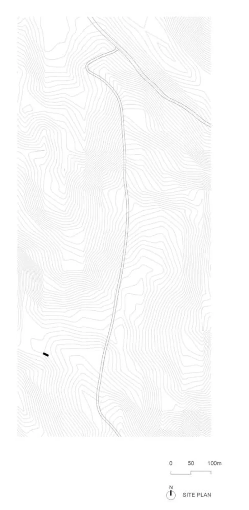 Site plan drawing showing topographic contours and linear structure placement on sloping terrain