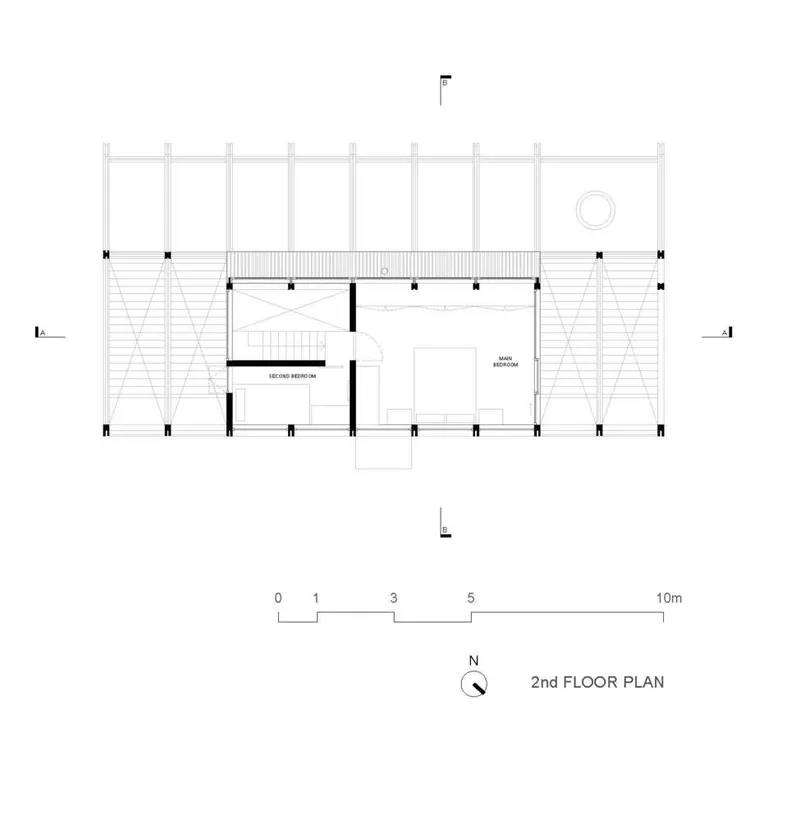 Second floor plan showing main bedroom and second bedroom with terrace areas at each end