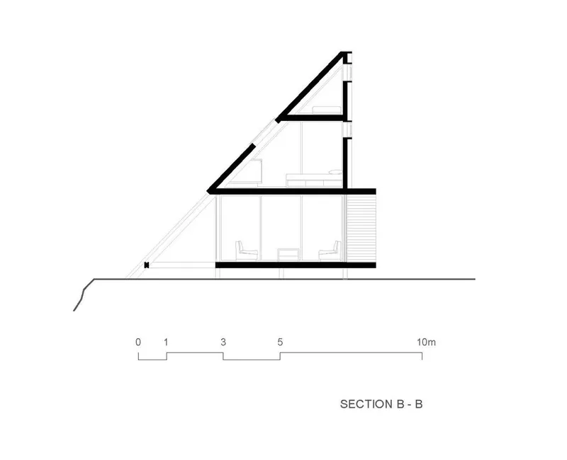 Section drawing showing sloped roof profile and three interior levels stepping down the site