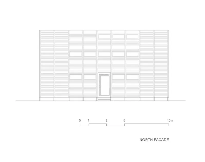 North facade elevation drawing depicting horizontal slatted panels with vertical window bays and ground-level entrance