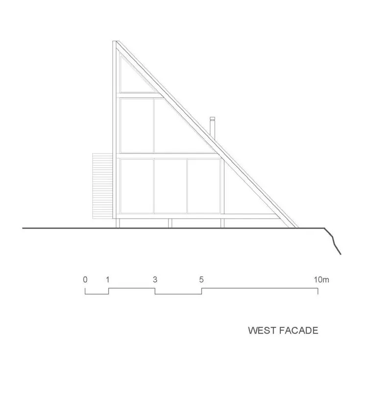 West facade elevation drawing showing a triangular roof profile with glazed openings below the sloping roofline