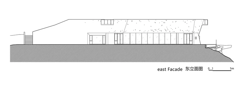 East facade elevation drawing showing a low horizontal volume emerging from grade with vertical glazing and clerestory windows