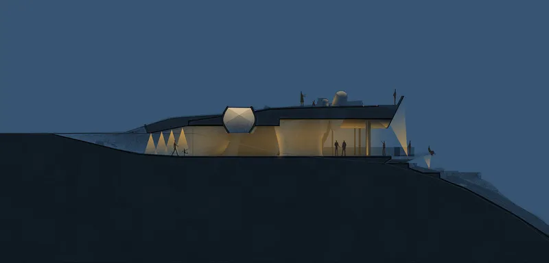 Illuminated white volume perched on a dark hillside against a deep blue twilight sky