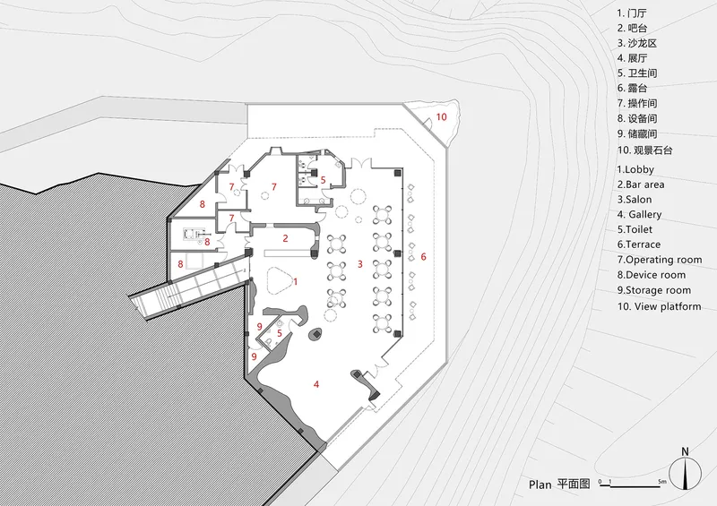 Floor plan drawing showing an angular volume built into a hillside with labeled rooms radiating from a central gallery