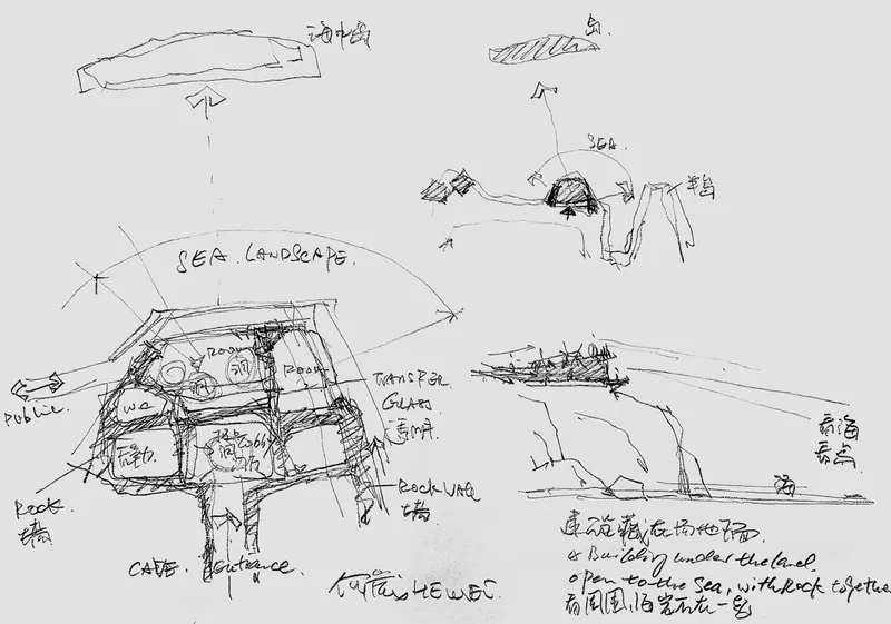 Sketch studies depicting plan views, sections, and perspectives of a structure nestled into coastal terrain