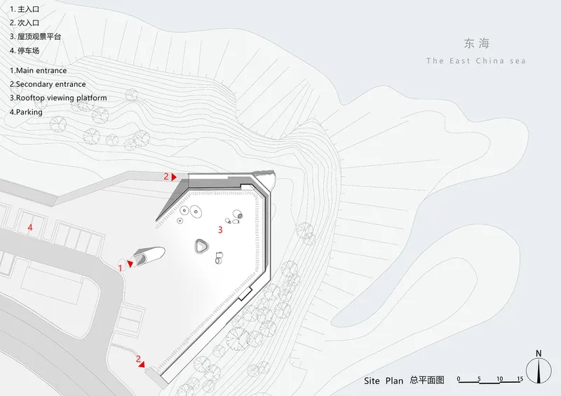 Site plan drawing showing the polygonal building footprint between parking area and coastline