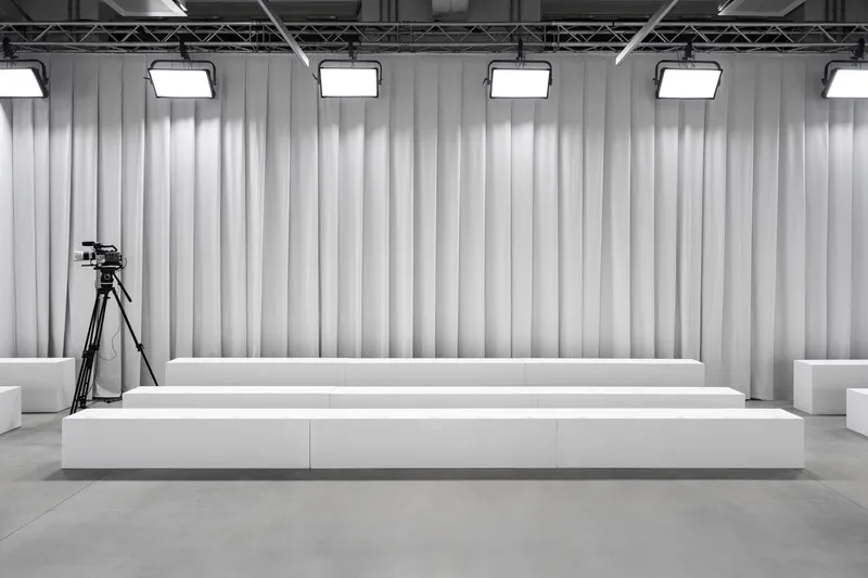 Frontal view of white platform seating before vertical curtain panels with overhead track lighting