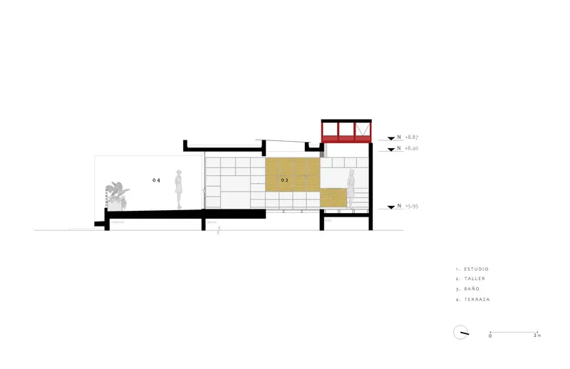Section drawing showing split level spaces with mezzanine and rooftop opening