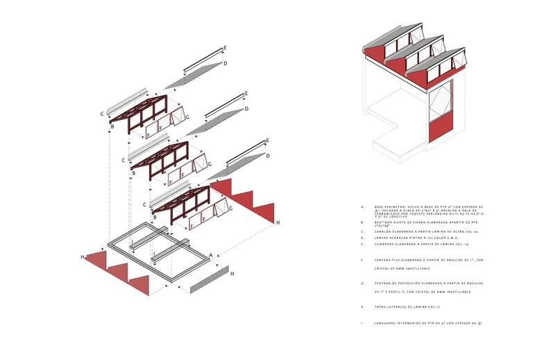 Axonometric drawing illustrating the assembly of floors, stairs, and roof structure