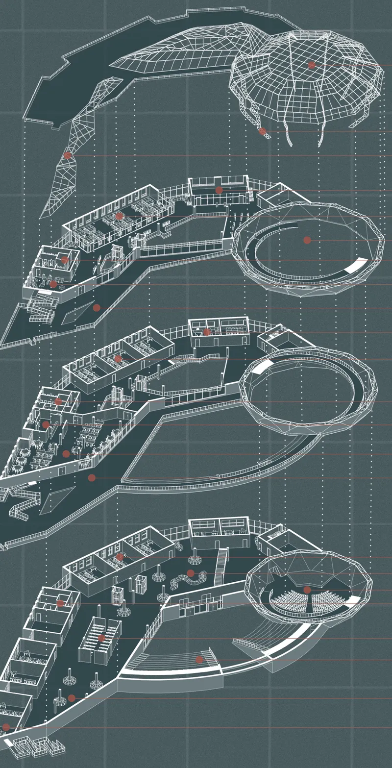 Axonometric drawing showing stacked floor plans with a circular volume and wireframe roof canopy above