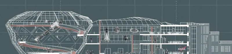 Section drawing showing a domed structure and adjacent rectilinear volumes with interior spatial configurations