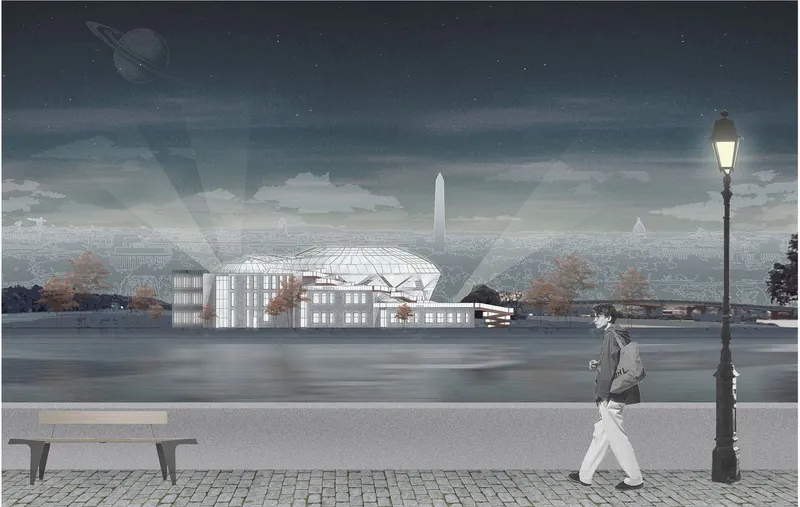 Rendering of a faceted glass volume above terraced structures seen from across a plaza with a pedestrian
