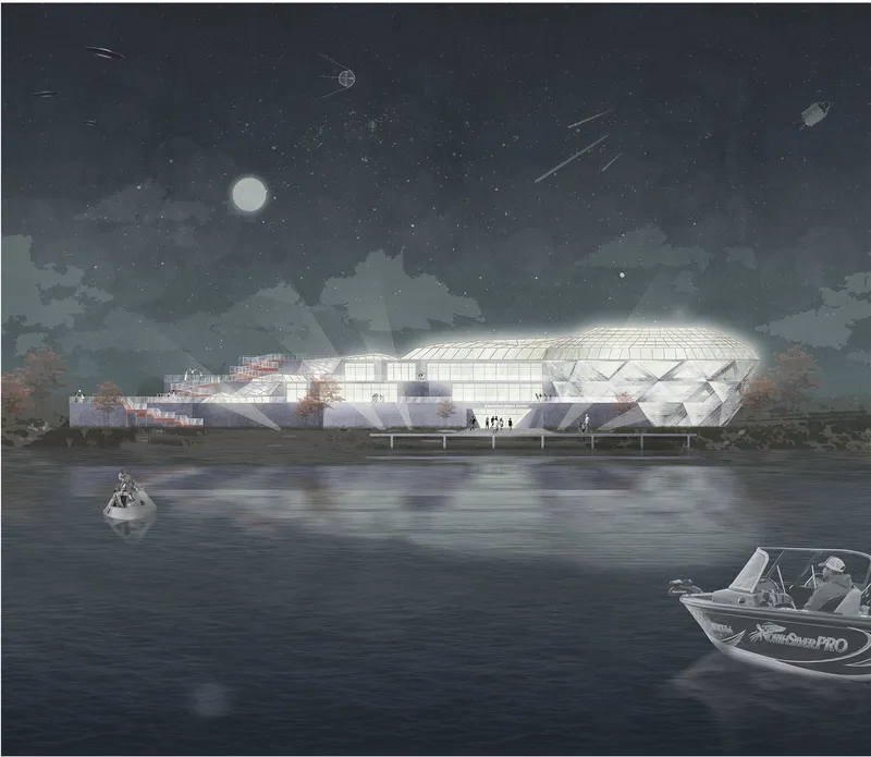 Waterfront elevation of an illuminated faceted glass pavilion viewed from a boat at night under a full moon
