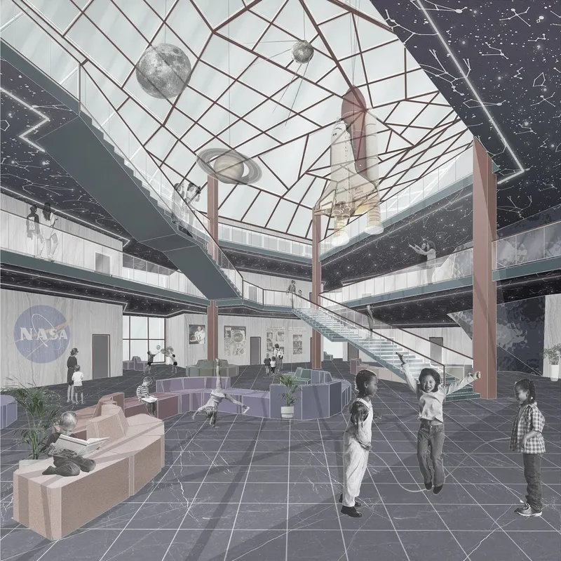 Multi-level interior atrium with a gridded glass canopy, suspended planetary models, and visitors on dark tiled floors