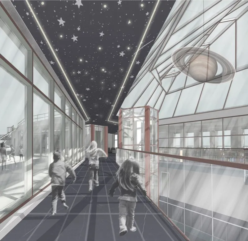 Interior corridor with glazed storefronts and a dark ceiling painted with stars and celestial imagery