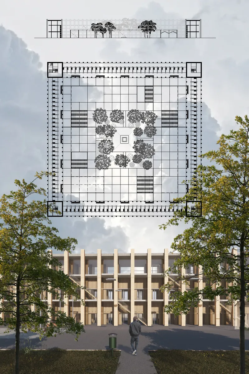 Composite showing elevation, plan, and rendered facade with deep recessed openings framed by trees