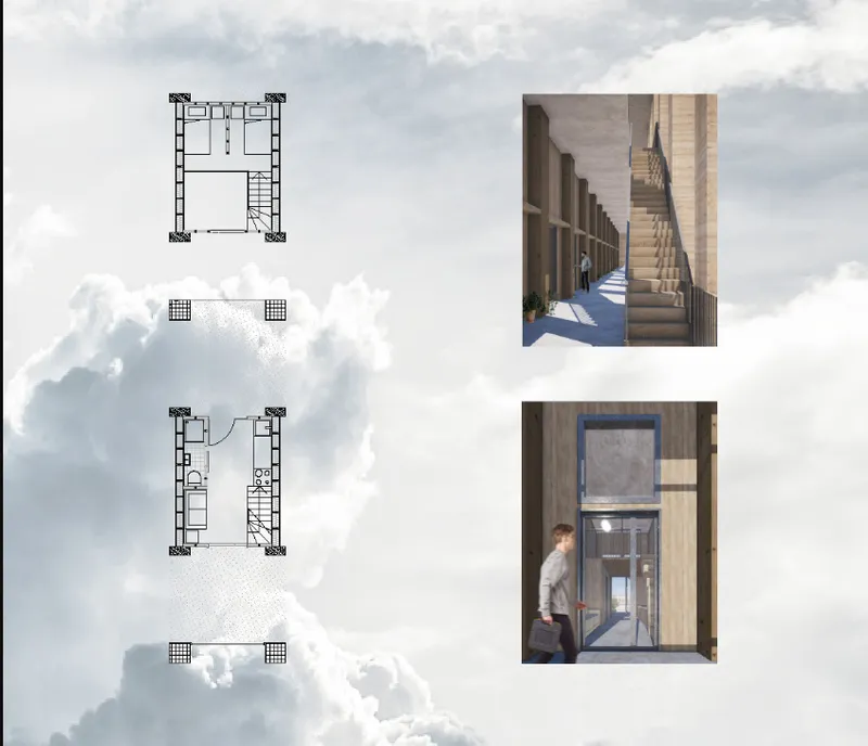 Section drawings alongside rendered views of timber-lined corridor and multi-story atrium with figure