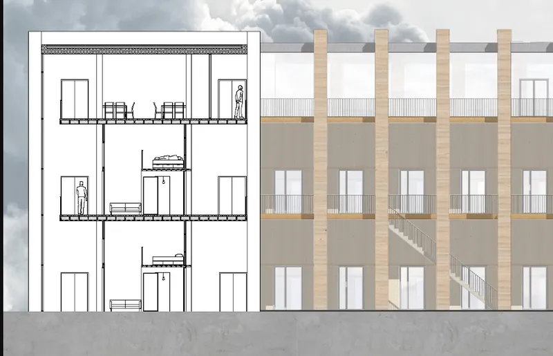 Section drawing and elevation showing timber-clad facade with vertical banding and balcony railings
