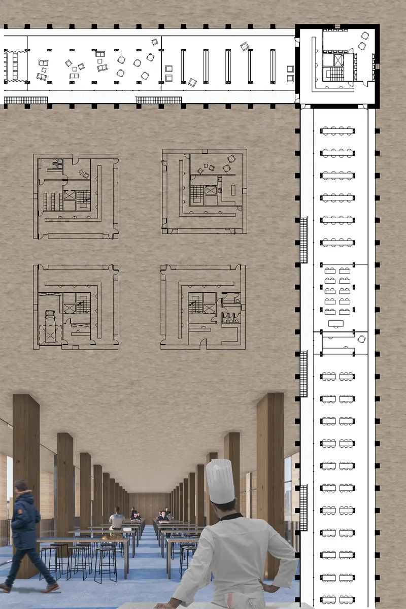 Floor plans above perspective view of timber-columned dining hall with figures and scattered tables