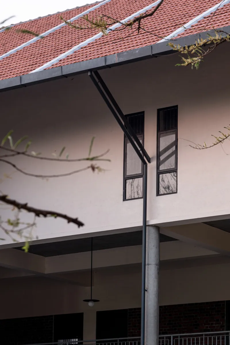 Steel rainwater downpipe connecting terracotta tile roof to ground level past tree branches