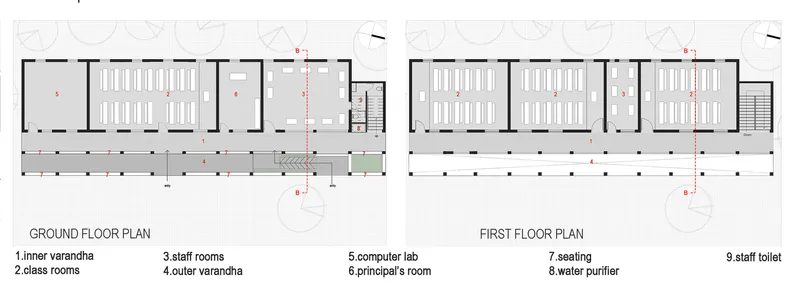 Ground and first floor plan drawings displaying classroom layouts and circulation corridors