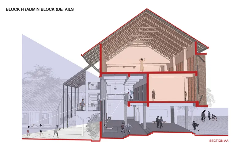 Section drawing through a gabled volume revealing exposed timber trusses and multilevel interior spaces