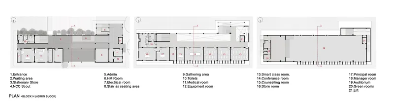 Floor plans and elevation drawings for an administrative block showing room arrangements