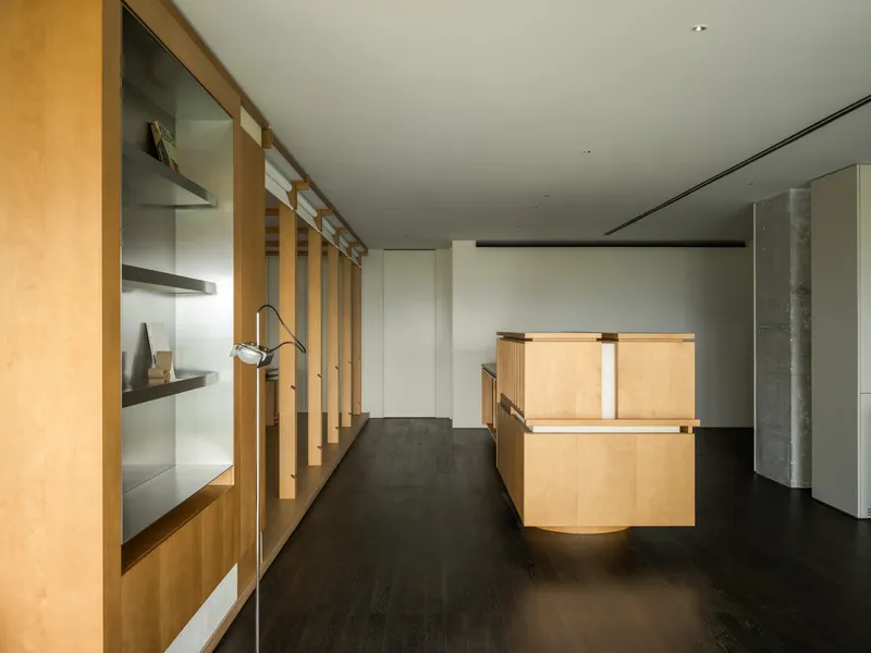 Timber-framed display shelving and curved plywood reception desk on dark flooring