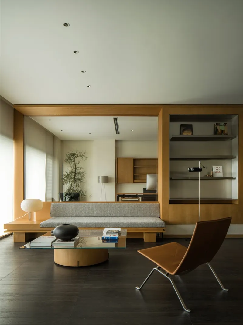 Living room with timber-framed openings, built-in shelving, and a grey upholstered bench under recessed ceiling lights