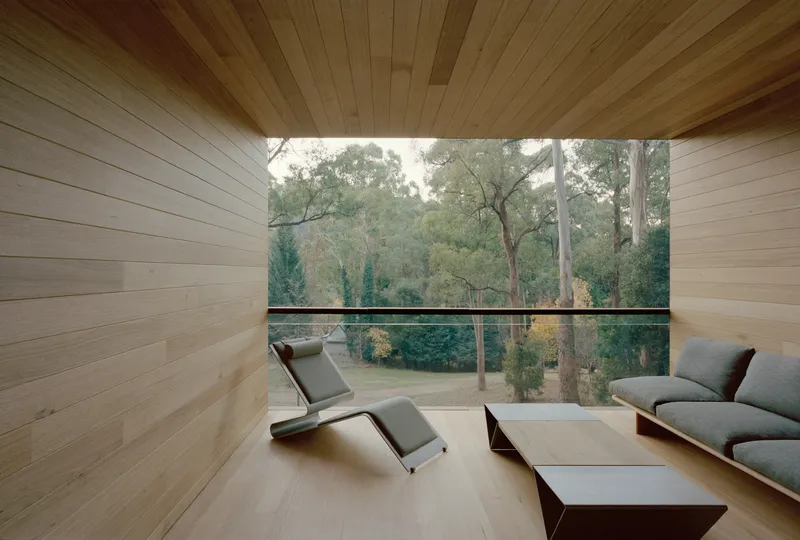 Timber-lined interior space with horizontal glass opening framing the treetops beyond