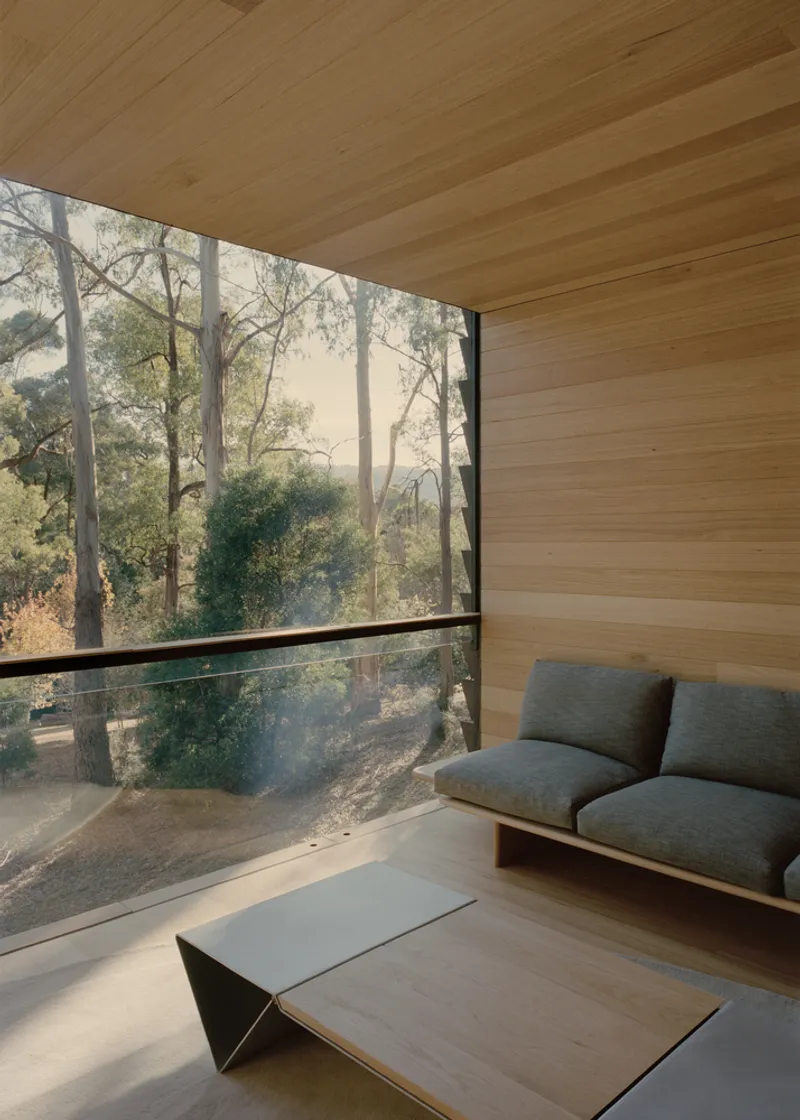 Living room with timber-clad walls and ceiling opening to eucalyptus forest through floor-to-ceiling glazing