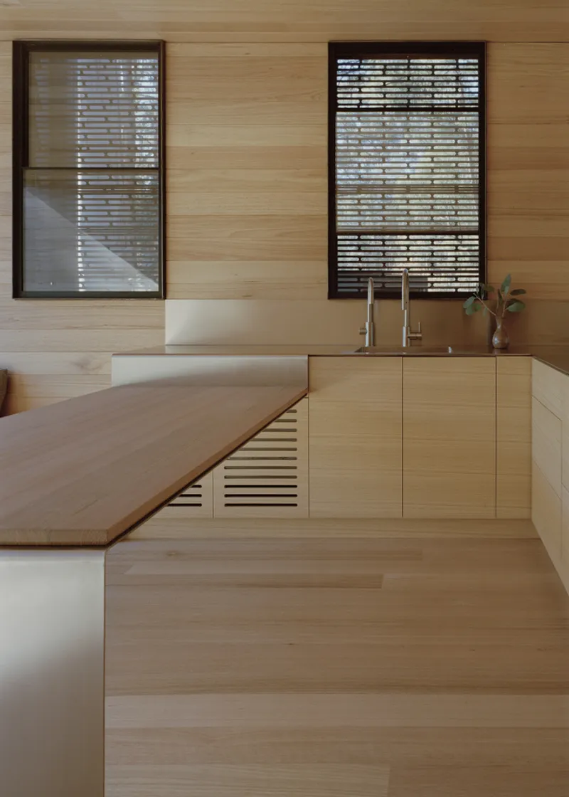 Kitchen counter with timber island and louvered cabinet facing two windows with horizontal blinds filtering forest views
