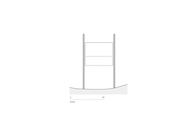 Section drawing showing a two-story structure with horizontal beams rising above grade